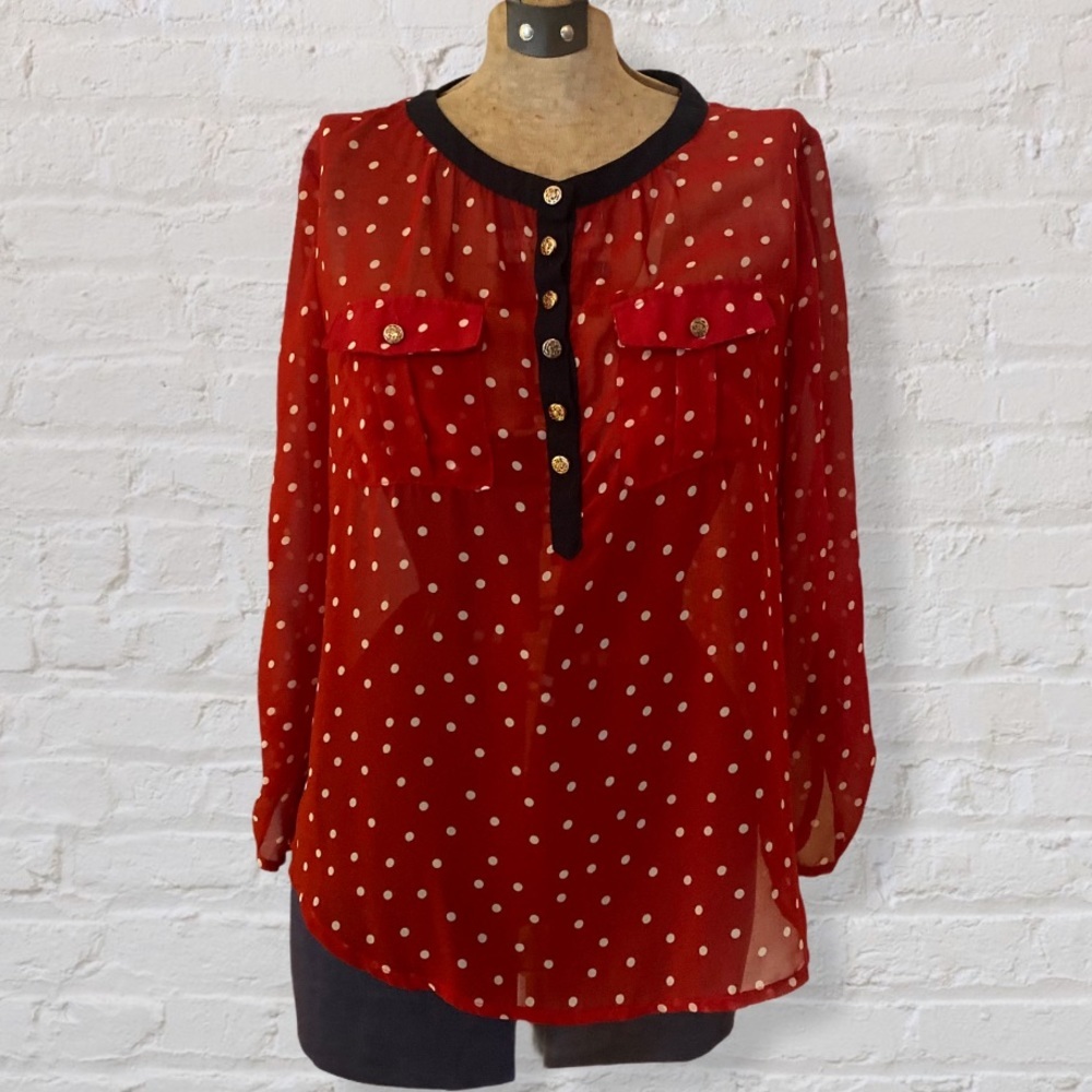 Emmelee Red White Sheer Polkadot Gold Button Up Long Sleeve Top